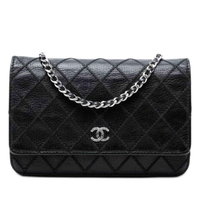 Chanel CC Lambskin Wild Stitch Wallet on Chain Black Leather Good condition - Front View