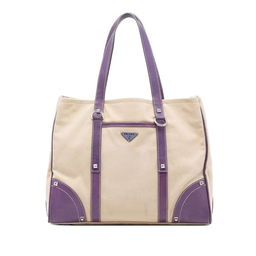 Prada Studded Leather Trimmed Canvas Front Pocket Tote Brown Canvas Very good condition - Front View