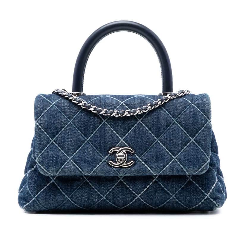 Chanel Small Quilted Denim Coco Top Handle Bag Blue Denim Very good condition - Front View