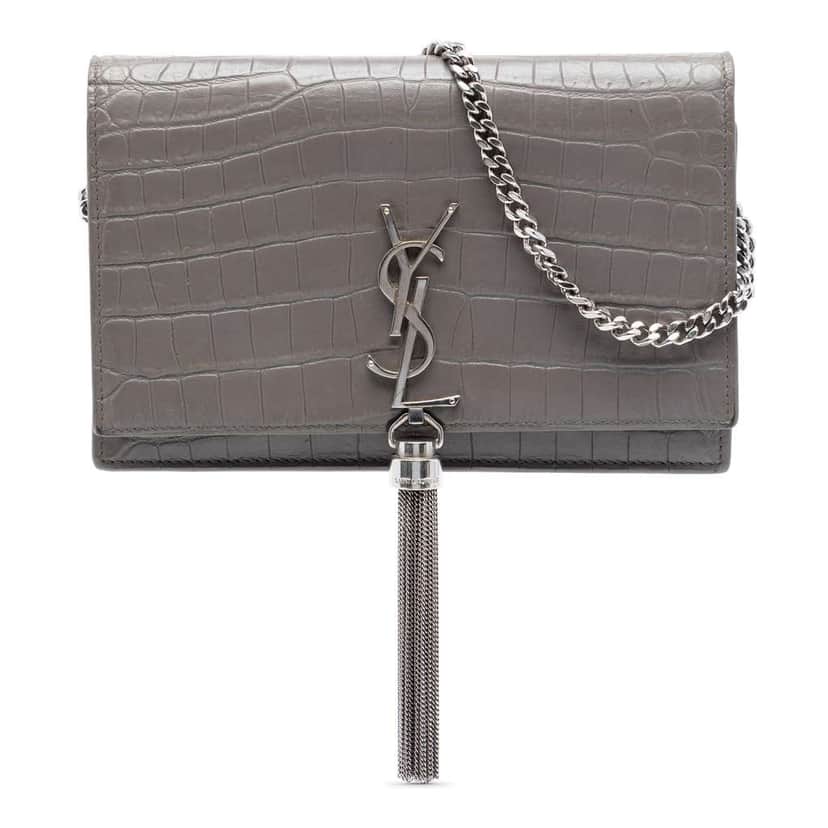 Saint Laurent Croc Embossed Leather Monogram Kate Tassel Wallet on Chain Grey Leather Very good condition - Front View