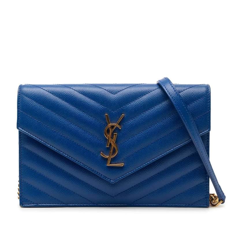 Saint Laurent Grain De Poudre Chevron Monogram Envelope Chain Wallet Blue Leather Very good condition - Front View