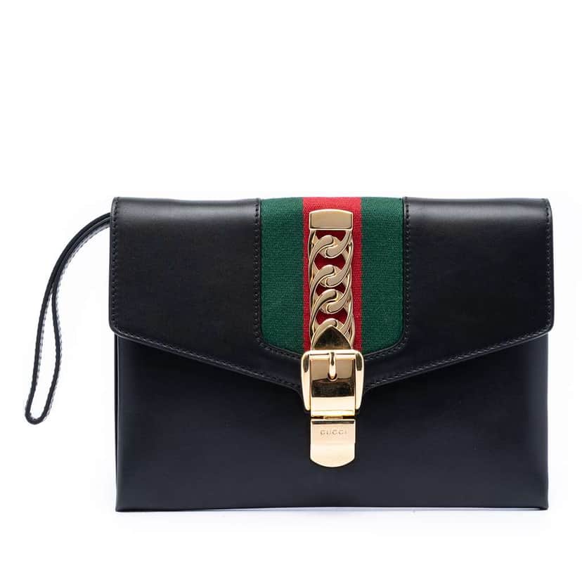 Gucci Leather Sylvie Clutch Black Leather Very good condition - Front View