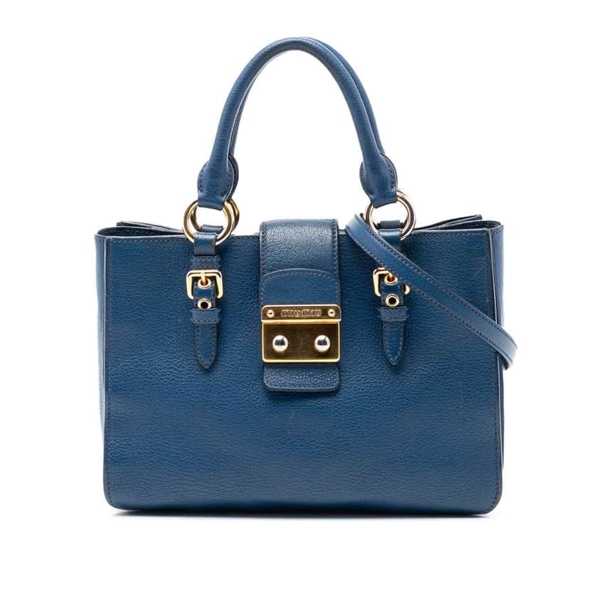 Miu Miu Goatskin Madras Satchel Blue Leather Good condition - Front View