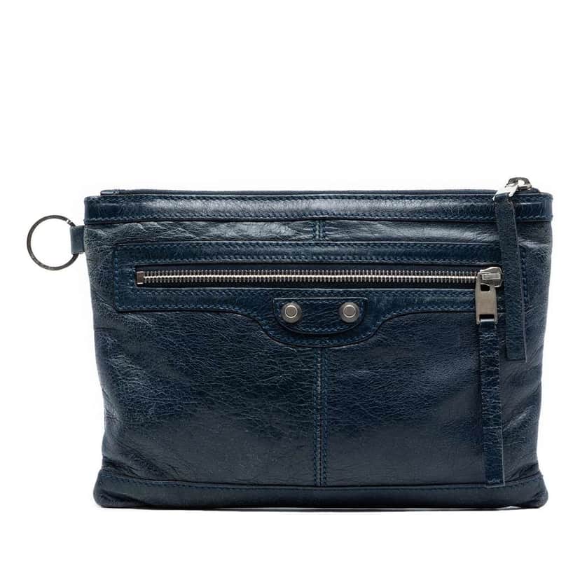 Balenciaga Lambskin Motocross Classic Clip S Clutch Blue Leather Very good condition - Front View