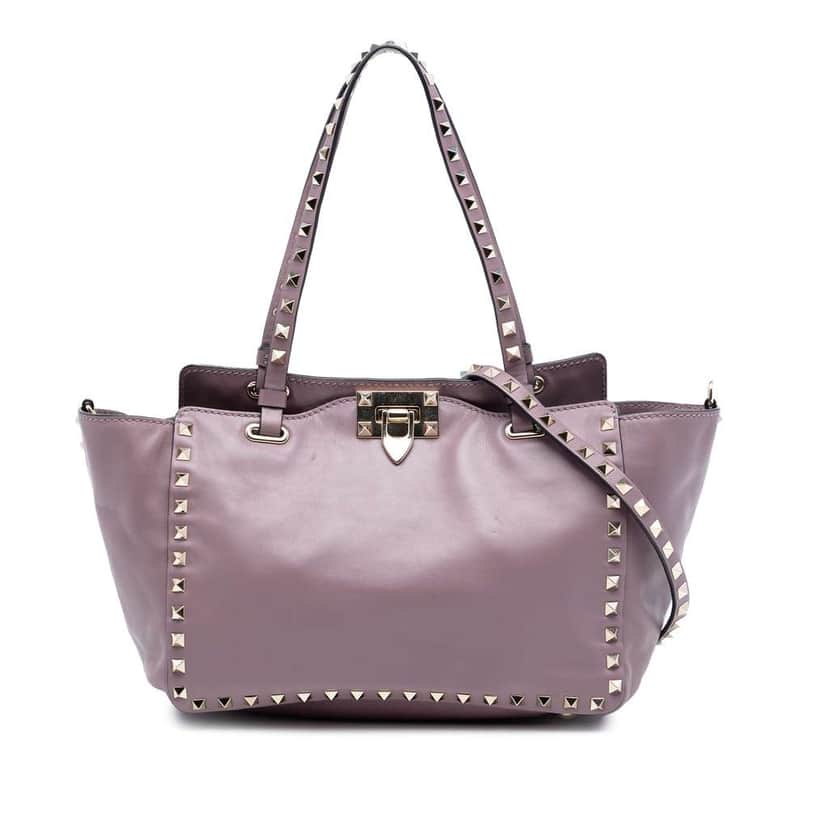 Valentino Small Grained Calfskin Rockstud Trapeze Satchel Purple Leather Very good condition - Front View