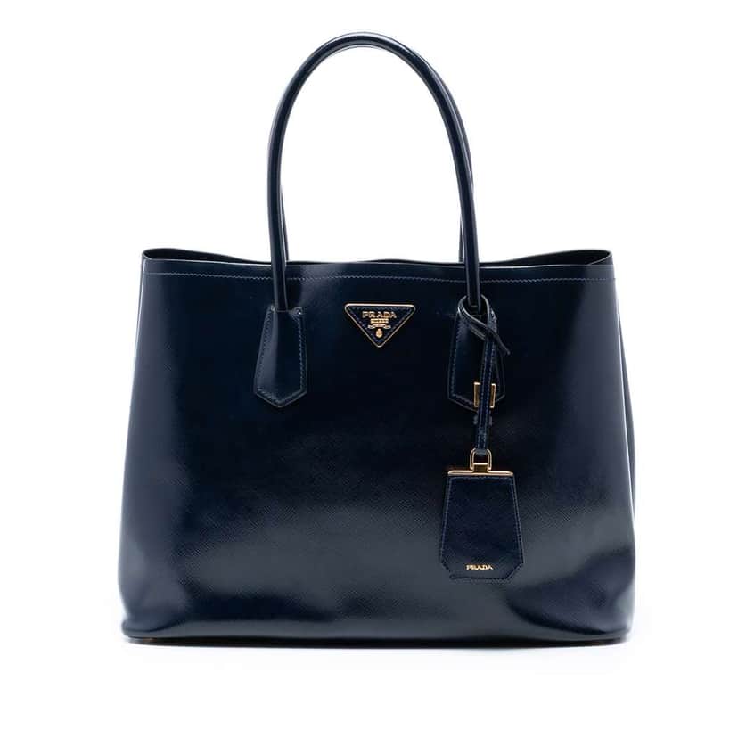 Prada Medium Saffiano Vernice Double Satchel Blue Leather Very good condition - Front View