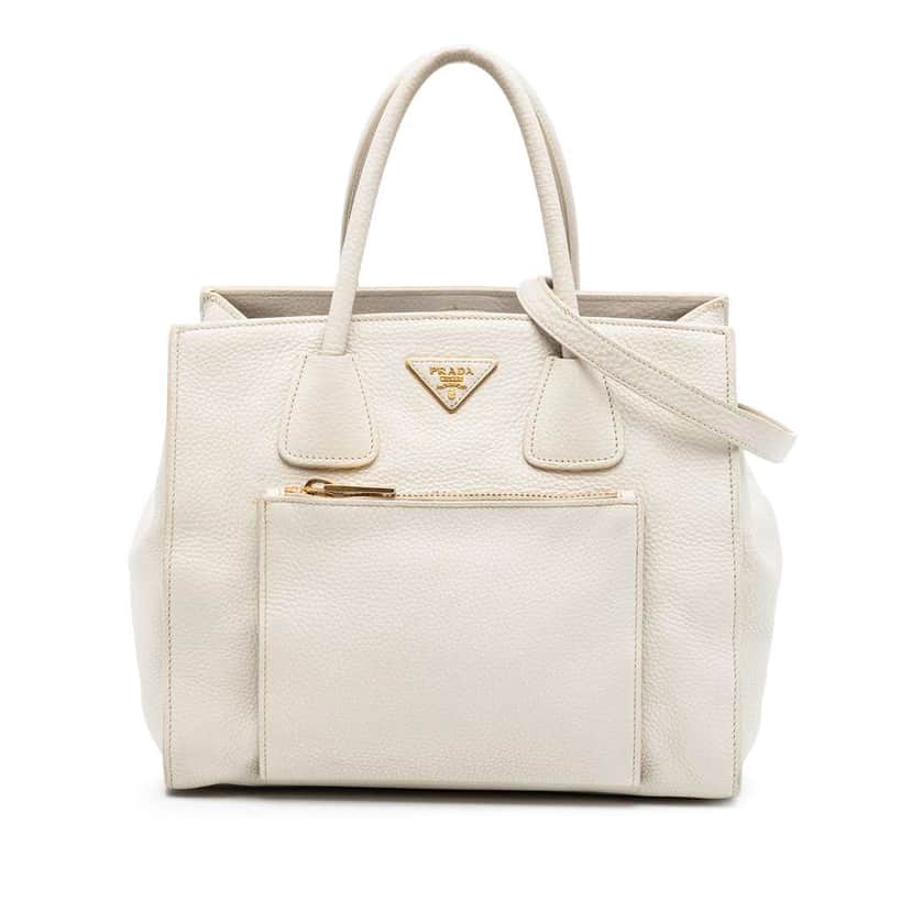 Prada Vitello Daino Front Pocket Open Convertible Tote White Leather Very good condition - Front View