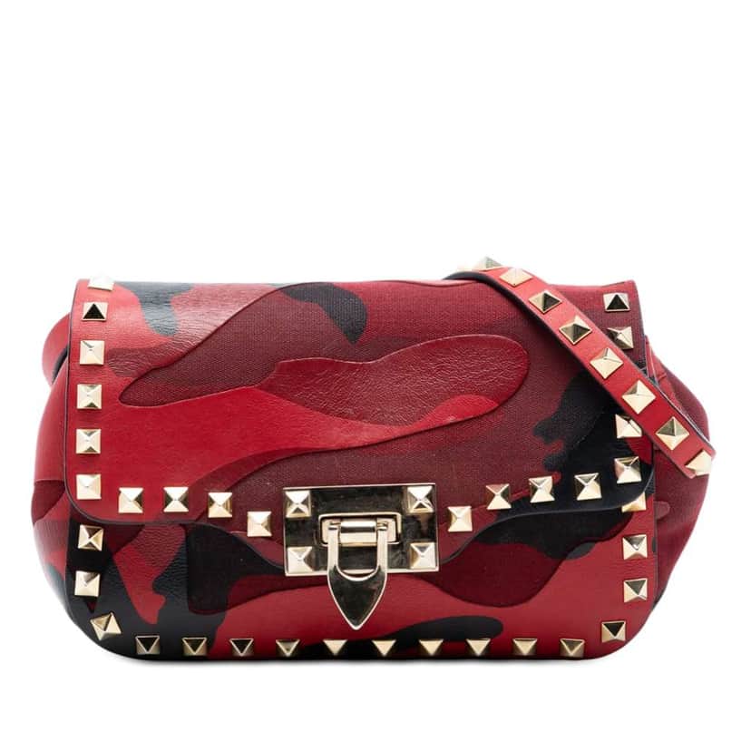 Valentino Mini Nappa and Canvas Camouflage Rockstud Flap Crossbody Red Leather Very good condition - Front View