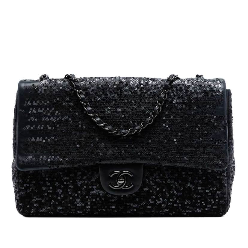 Chanel Jumbo Classic Sequins Single Flap Black Leather Very good condition - Front View