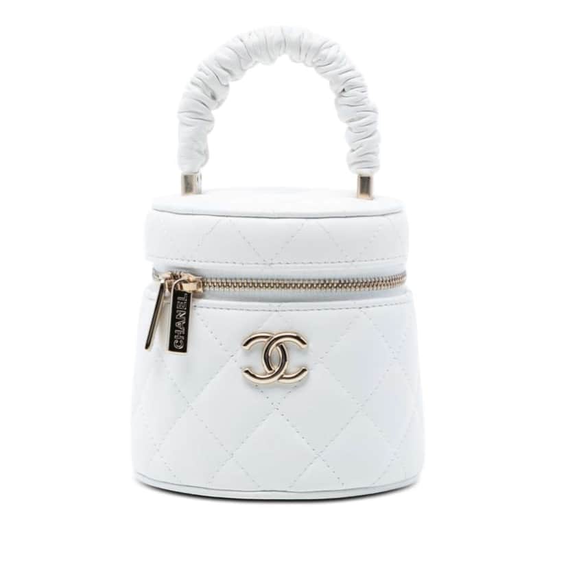 Chanel Mini Quilted Lambskin Ruched Handle Vanity Case White Leather Very good condition - Front View