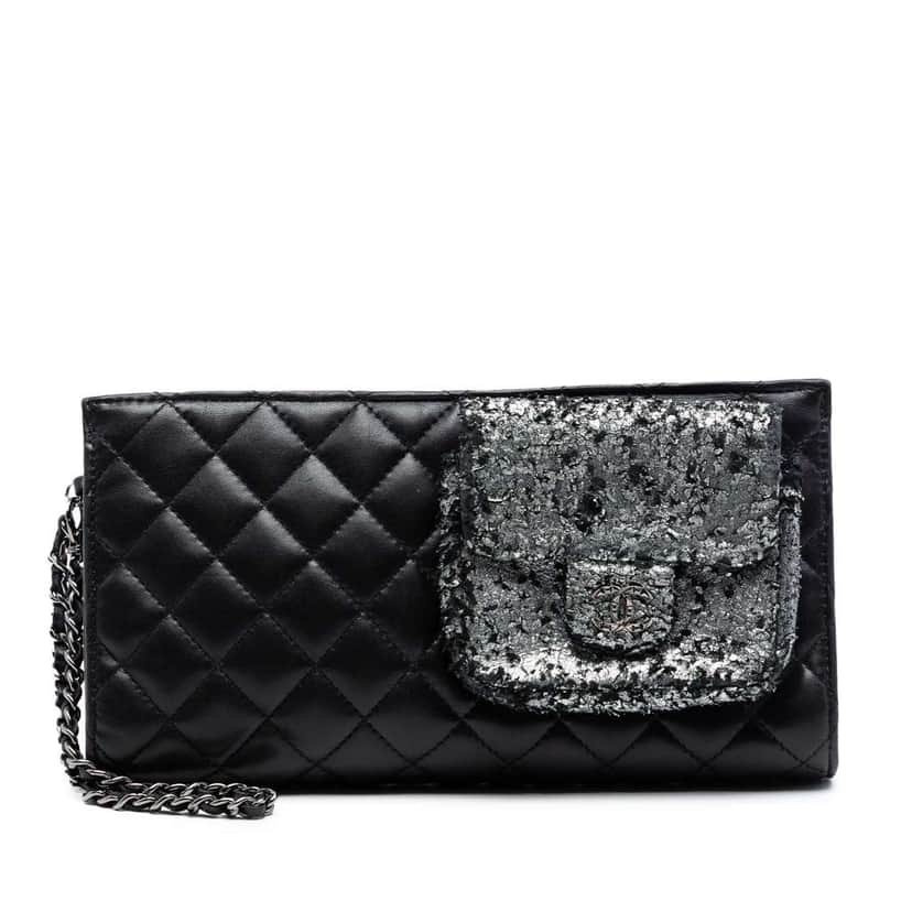 Chanel Metallic and Quilted Lambskin Mineral Nights Pochette Wristlet Black Leather Very good condition - Front View