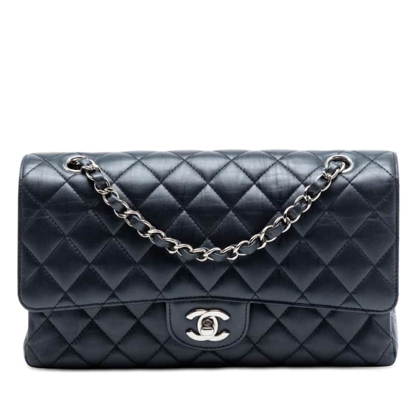 Chanel Medium Classic Lambskin Double Flap Blue Leather Very good condition - Front View