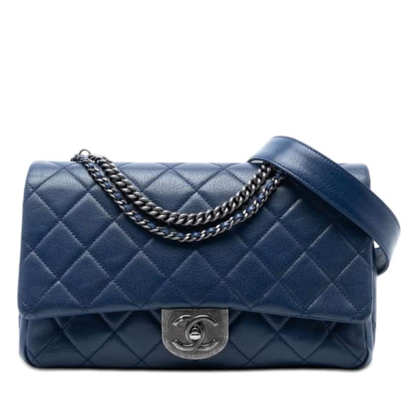 Chanel Large Quilted Goatskin Double Carry Waist Chain Flap Blue Leather Very good condition - Front View
