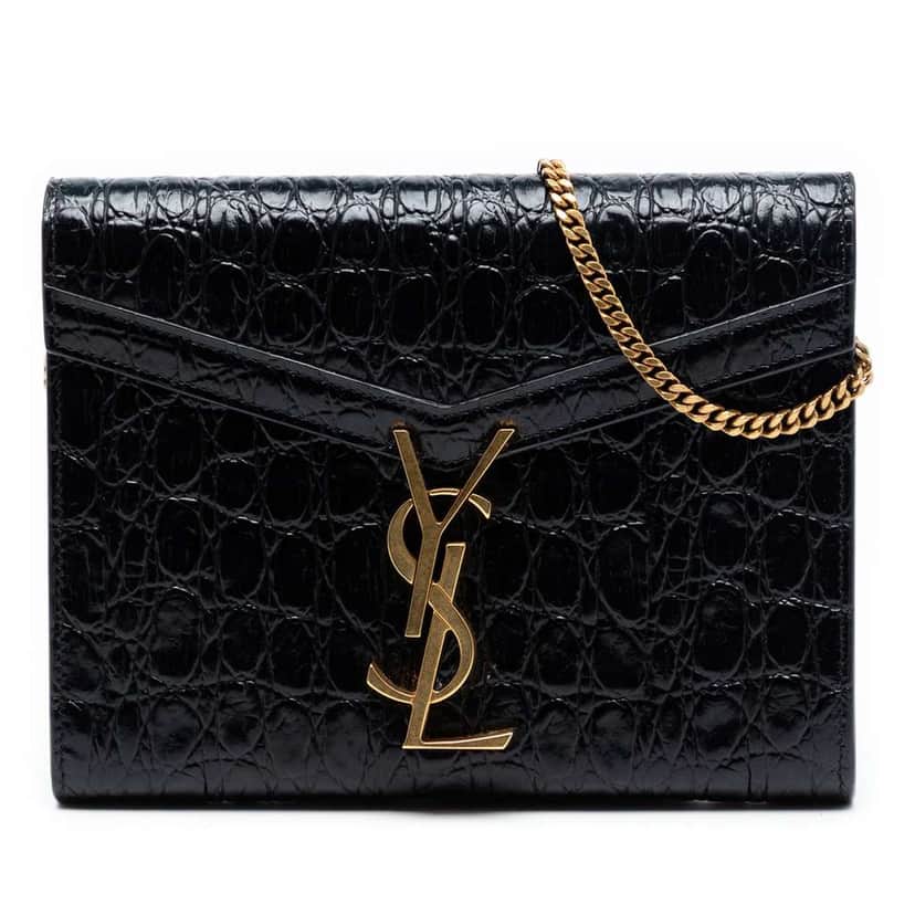 Saint Laurent Shiny Croc Embossed Calfskin Monogram Cassandra Chain Wallet Black Leather Very good condition - Front View