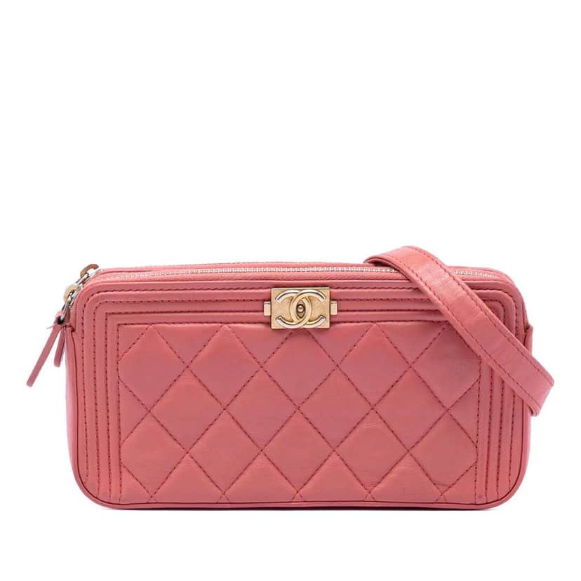 Chanel Quilted Caviar Boy Double Zip Clutch With Chain Pink Leather Very good condition - Front View