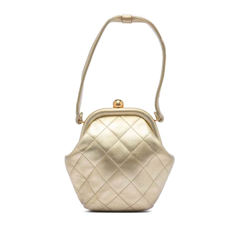 Chanel CC Metallic Quilted Lambskin Kisslock Frame Handbag Gold Leather Very good condition - Front View