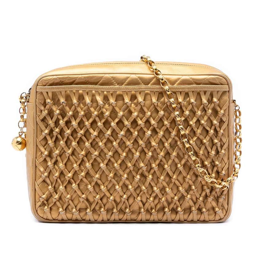 Chanel Metallic Woven Lambskin Chain Camera Bag Gold Leather Very good condition - Front View