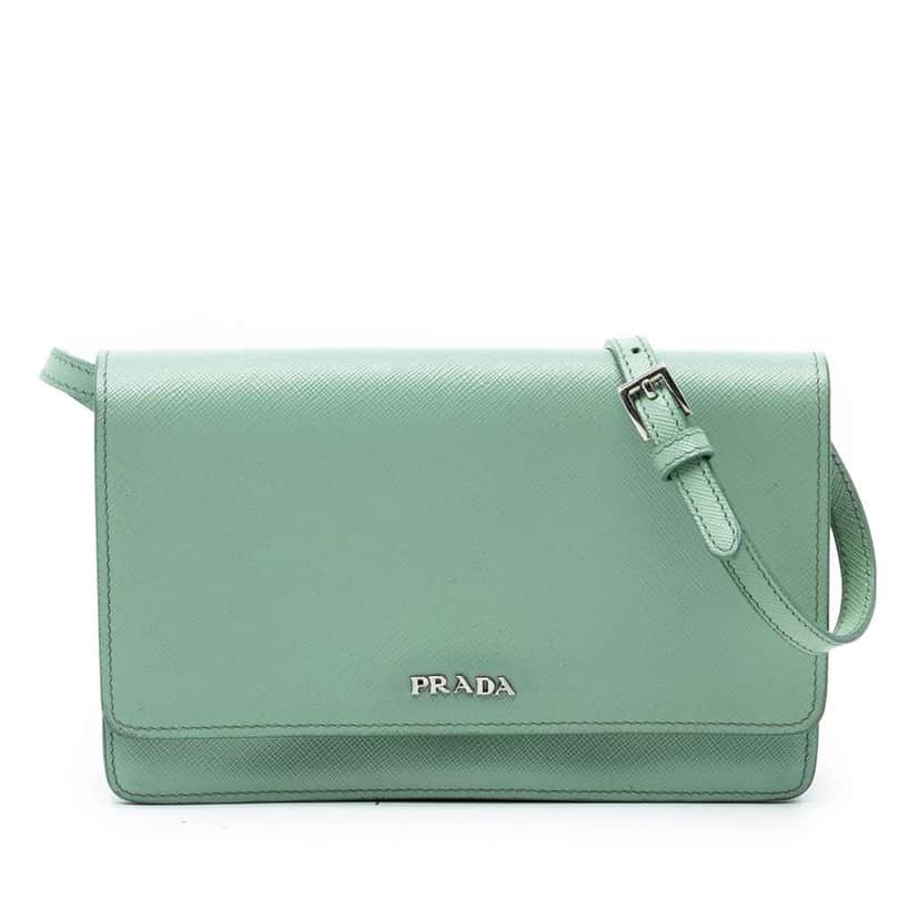 Prada Saffiano Wallet on Strap Green Leather Very good condition - Front View