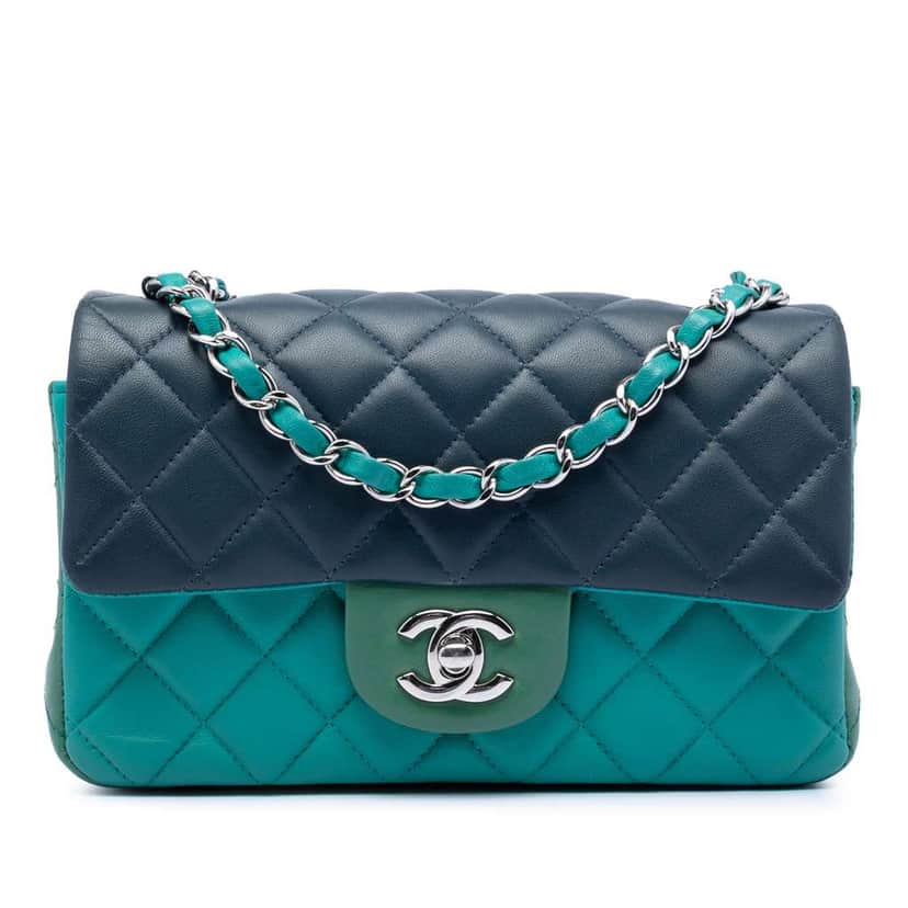 Chanel Mini Rectangular Classic Tricolor Lambskin Single Flap Blue Leather Good condition - Front View