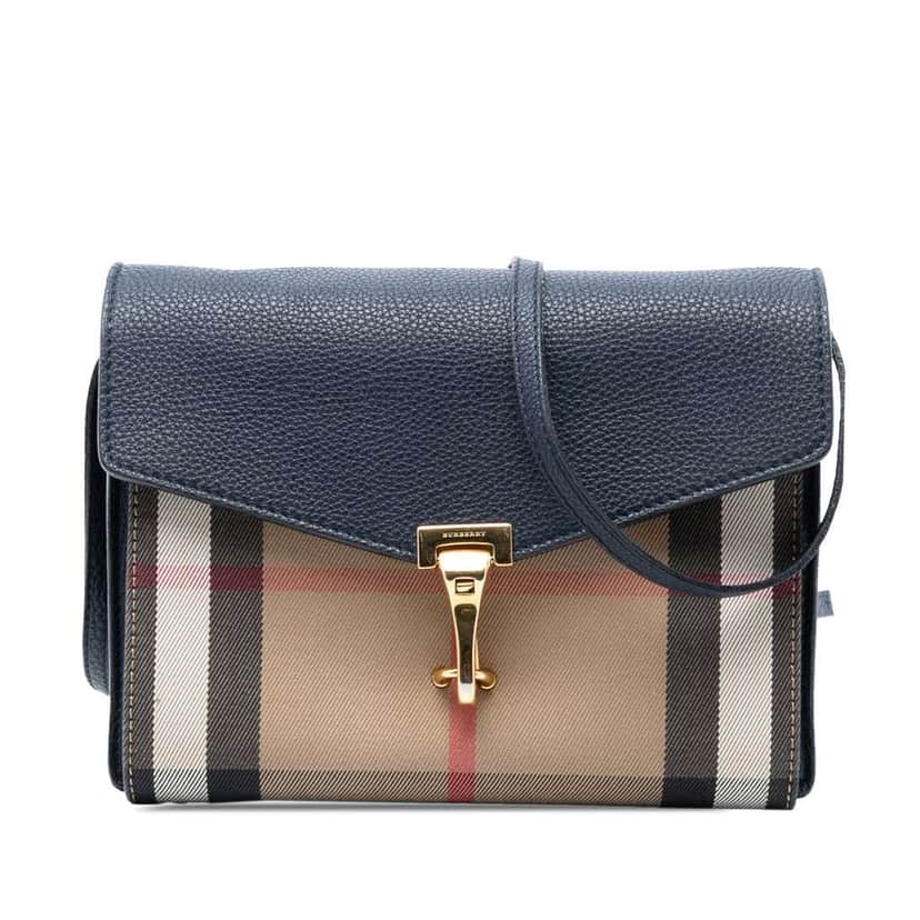 Burberry Small Leather and House Check Canvas Derby Macken Crossbody Blue Canvas Very good condition - Front View