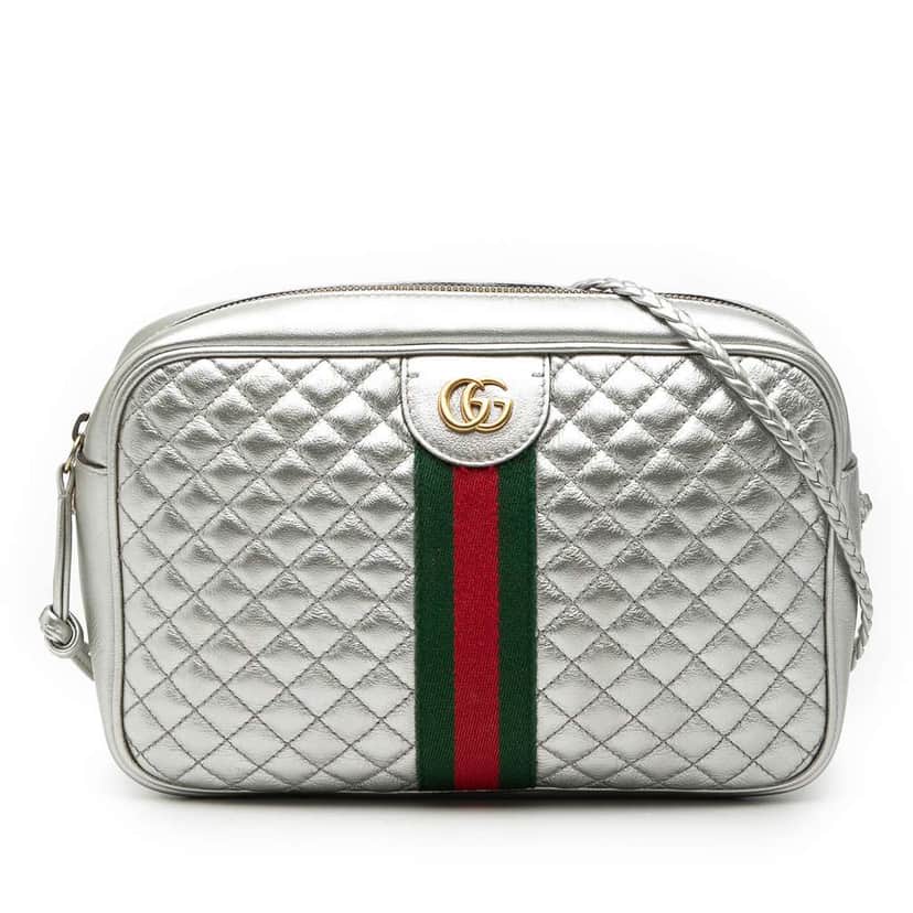 Gucci Small Quilted Metallic Leather Web Trapuntata Crossbody Silver Leather Very good condition - Front View