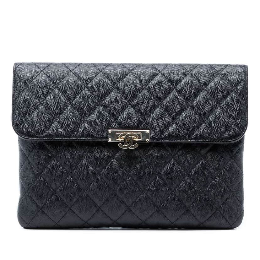 Chanel Medium Quilted Caviar Golden Class O Case Clutch Black Leather Very good condition - Front View