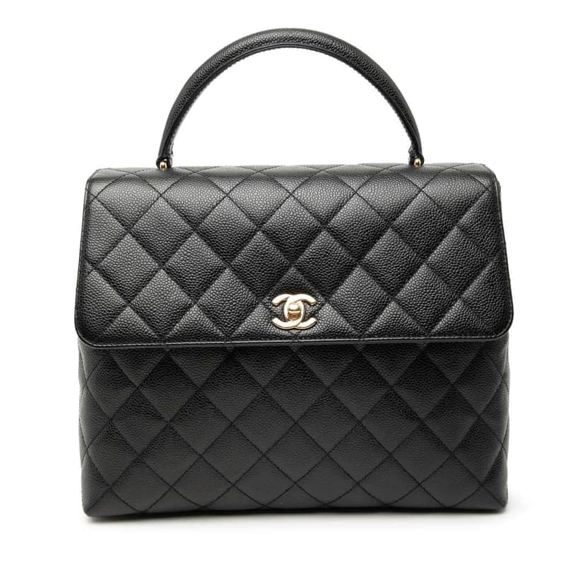 Chanel CC Quilted Caviar Kelly Top Handle Bag Black Leather Very good condition - Front View