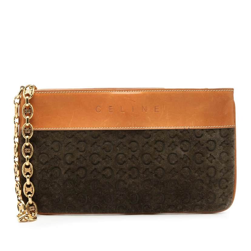 Celine C Macadam Suede Clutch On Chain Brown Leather Very good condition - Front View