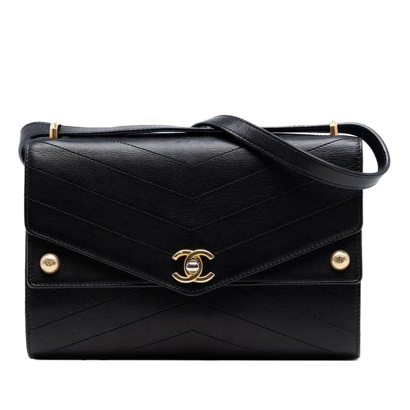 Chanel CC Chevron Calfskin Casual Trip Flap Black Leather Very good condition - Front View