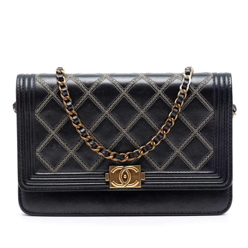 Chanel Quilted Lambskin Double Stitch Boy Wallet On Chain Black Leather Very good condition - Front View