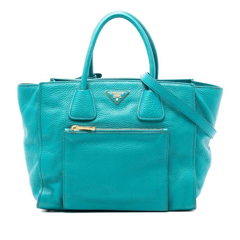 Prada Vitello Daino Front Pocket Open Convertible Tote Blue Leather Very good condition - Front View