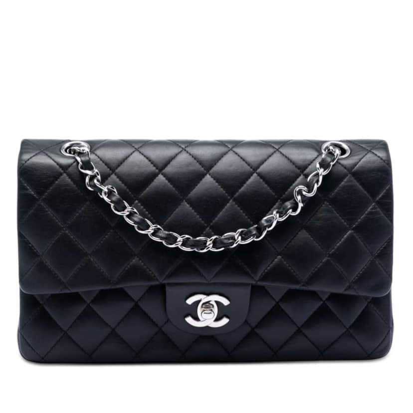 Chanel Medium Classic Lambskin Double Flap Black Leather Very good condition - Front View