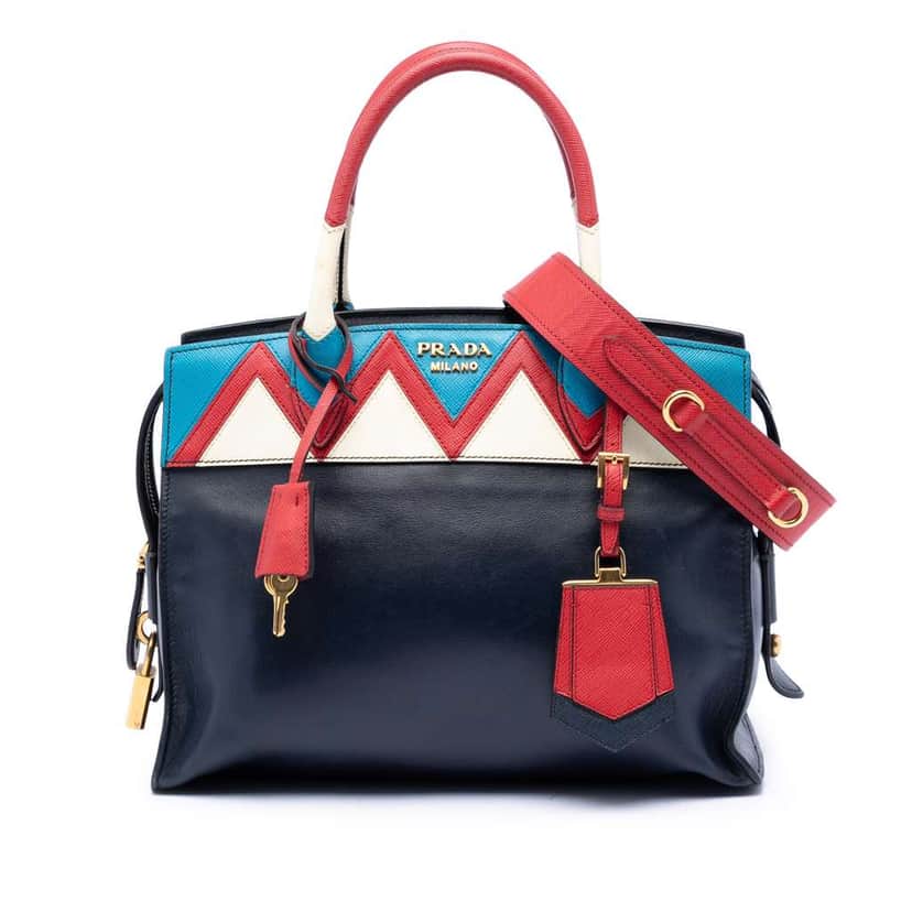 Prada Medium Saffiano Trimmed City Calf Greca Esplanade Satchel Blue Leather Very good condition - Front View