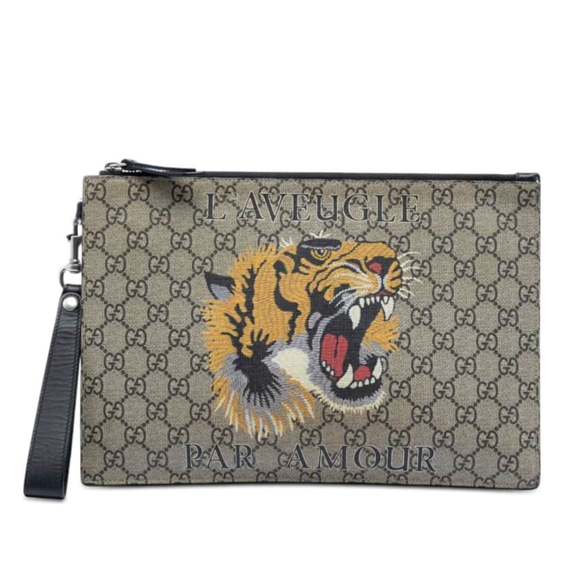 Gucci GG Supreme Tiger Clutch Beige Canvas Very good condition - Front View