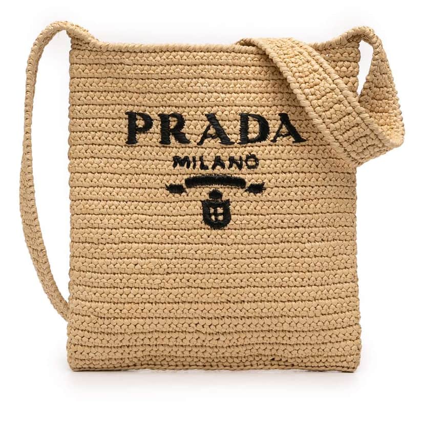 Prada Raffia Effect Crochet Logo Embroidered Crossbody Beige Very good condition - Front View