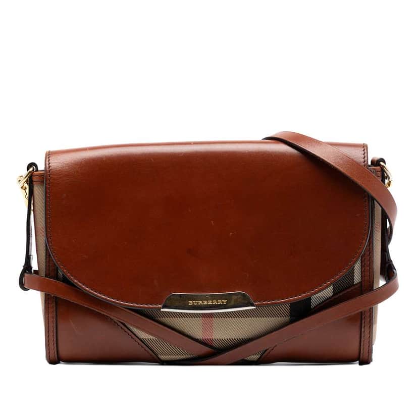 Burberry Leather and House Check Canvas Bridle Abbott Crossbody Brown Leather Very good condition - Front View
