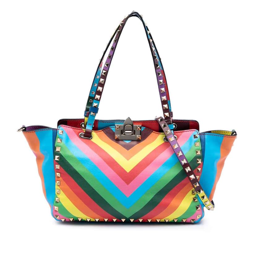 Valentino Small Striped Leather 1973 Rockstud Rainbow Satchel MultiColor Leather Very good condition - Front View
