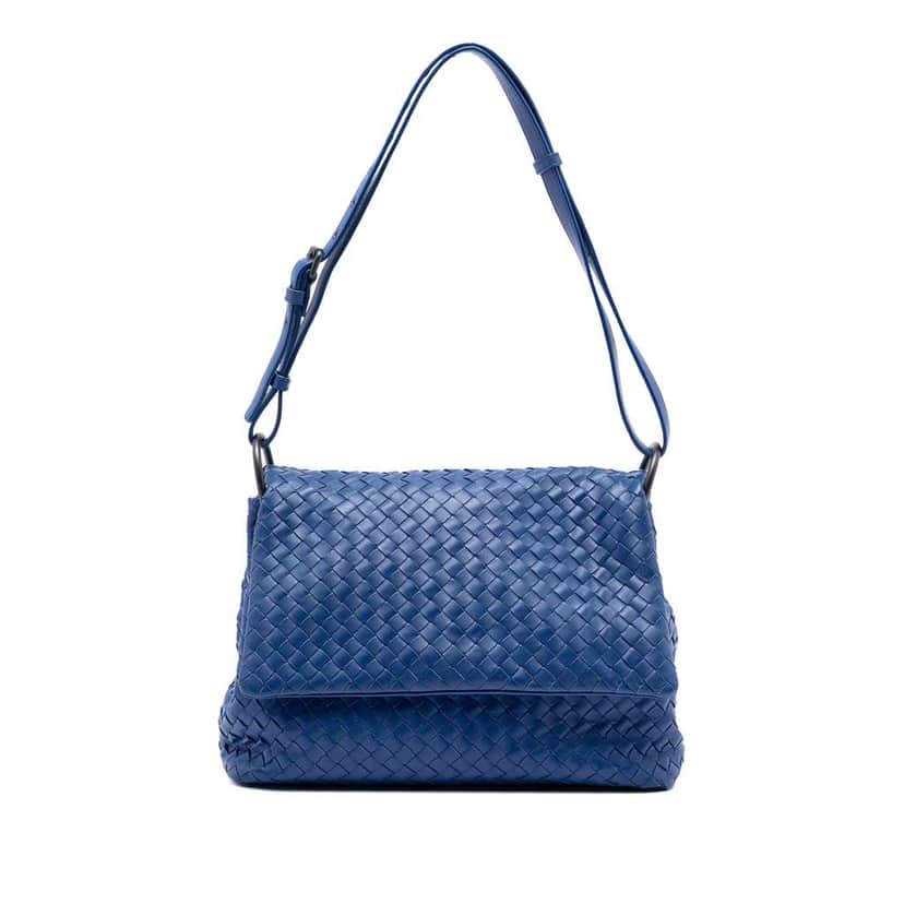 Bottega Veneta Nappa Intrecciato Flap Shoulder Bag Blue Leather Very good condition - Front View