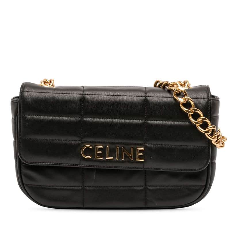 Celine Matelasse Goatskin Monochrome Chain Shoulder Bag Black Leather Very good condition - Front View