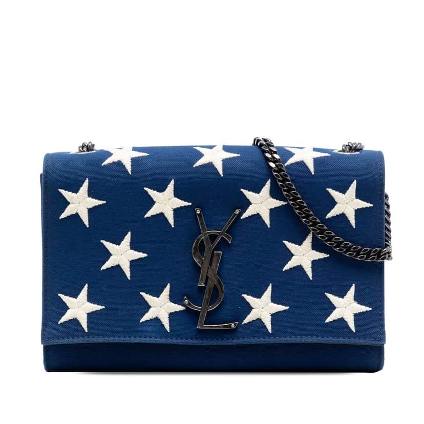 Saint Laurent Small Star Embroidered Canvas Monogram Kate Crossbody Blue Canvas Very good condition - Front View