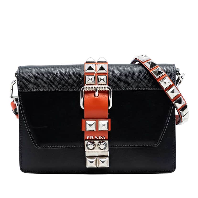 Prada City Calfskin and Saffiano Studded Elektra Crossbody Black Leather Very good condition - Front View