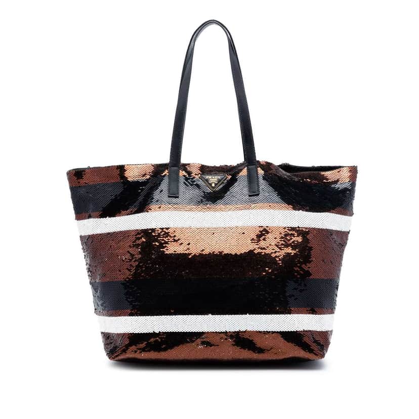 Prada Sequined Satin Stripes Tote Brown Satin Very good condition - Front View