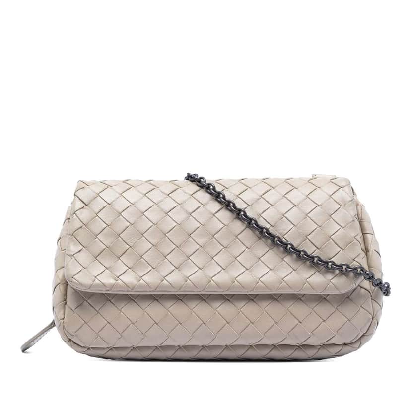 Bottega Veneta Mini Nappa Intrecciato Expandable Chain Flap Crossbody Beige Leather Very good condition - Front View