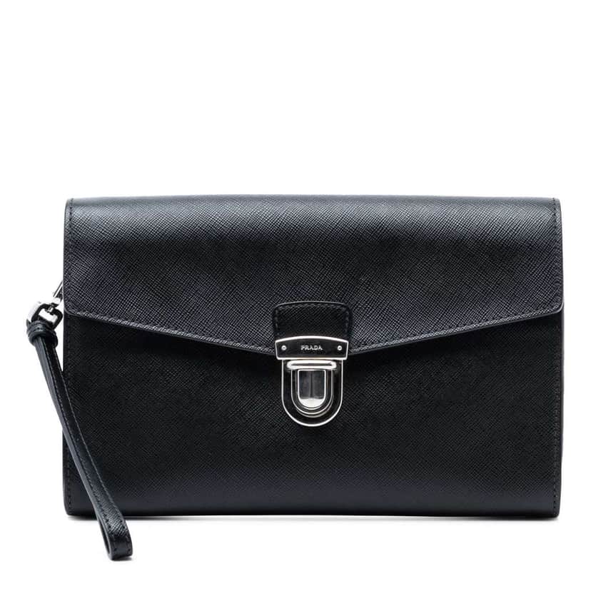 Prada Saffiano Envelope Push Lock Clutch Black Leather Very good condition - Front View
