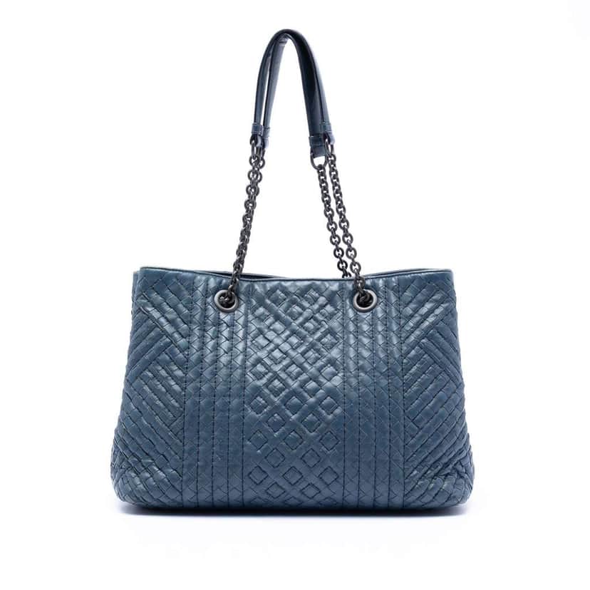 Bottega Veneta Medium Nappa Intrecciato Stitched Double Chain Tote Blue Leather Very good condition - Front View
