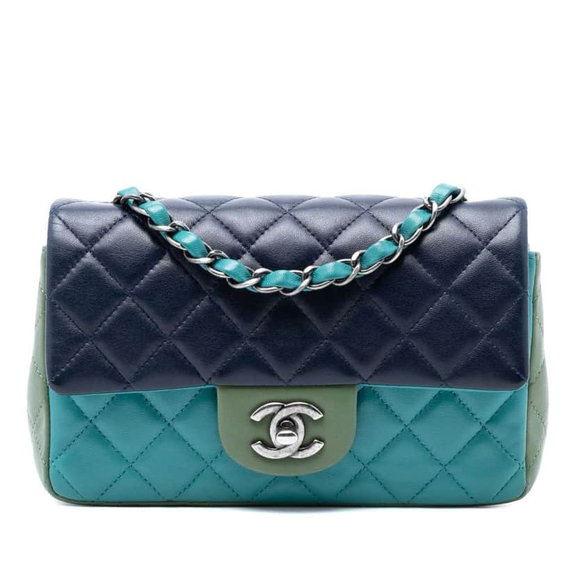 Chanel Mini Rectangular Classic Tricolor Lambskin Single Flap Blue Leather Very good condition - Front View