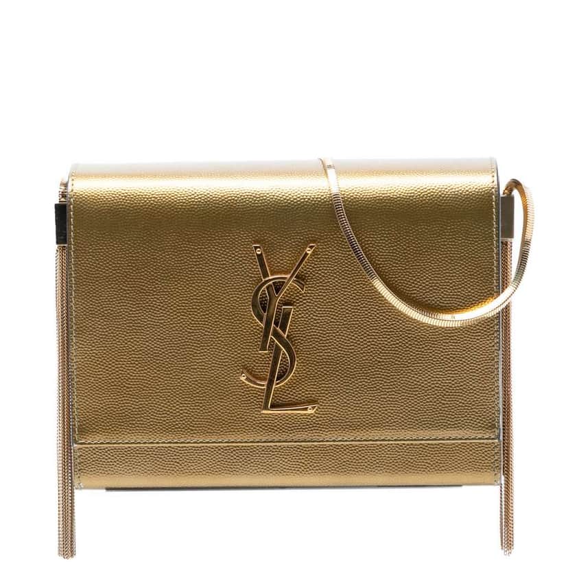 Saint Laurent Small Metallic Grain de Poudre Monogram Kate Box Chain Crossbody Gold Leather Very good condition - Front View