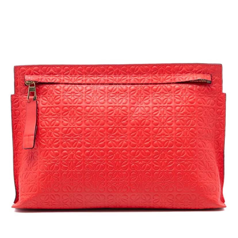 Loewe Embossed Anagram Leather Repeat T Clutch Red Leather Very good condition - Front View