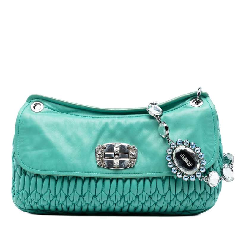 Miu Miu Matelasse Nappa Crystal Chain Crossbody Green Leather Very good condition - Front View