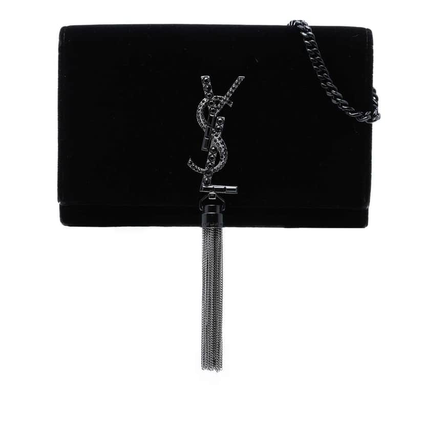 Saint Laurent Velvet Crystal Monogram Kate Tassel Wallet on Chain Black Velvet Very good condition - Front View